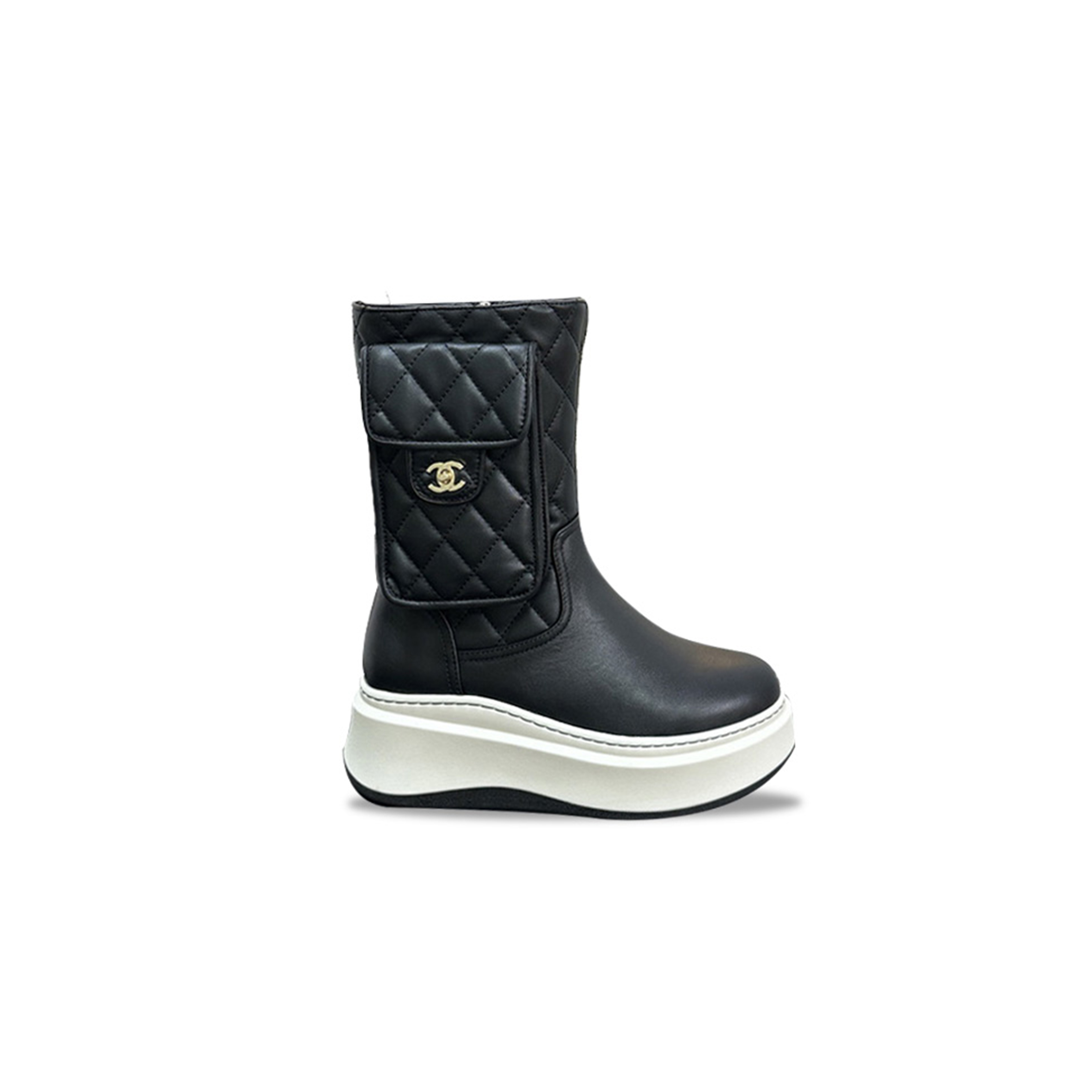 Ch*el quilted leather panel short boots in black patent white sole